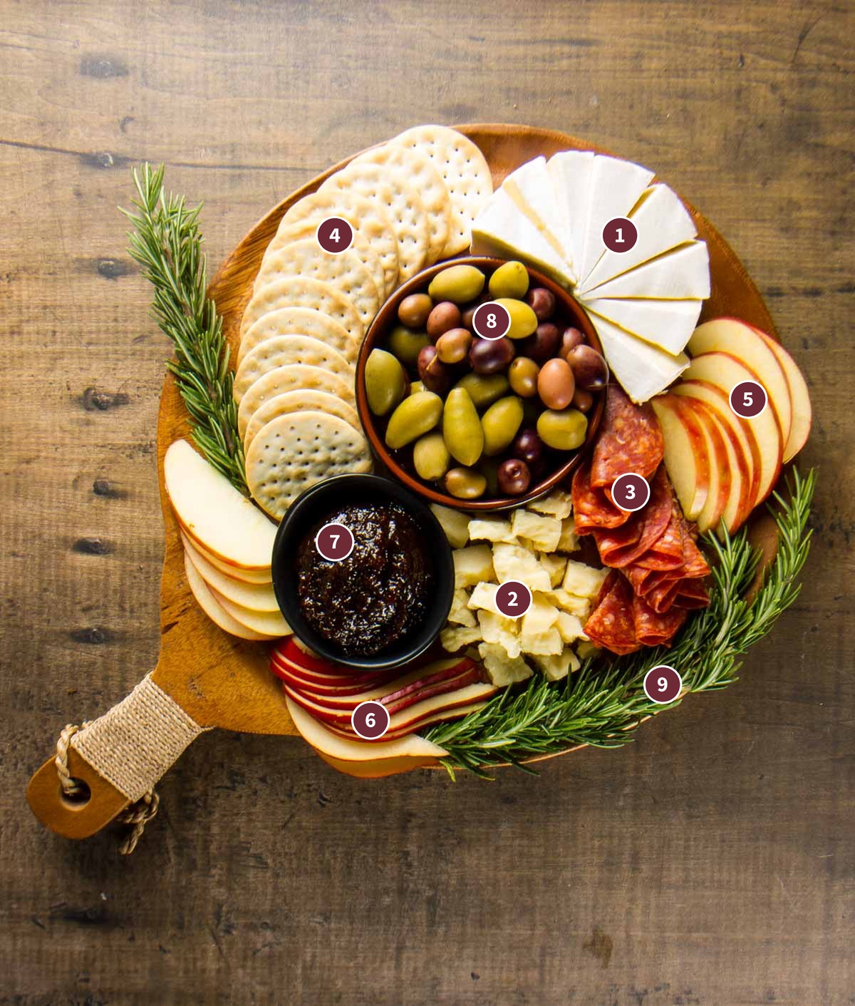 a small, round $25 Trader Joe's charcuterie board where each ingredient has been assigned a number that corresponds to an ingredient key